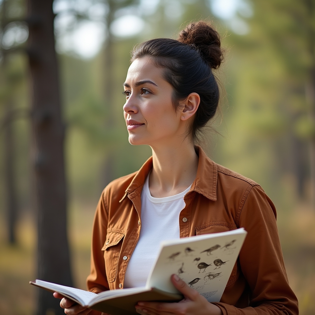 Instructora de biología de rapaces con cuaderno de notas en entorno natural