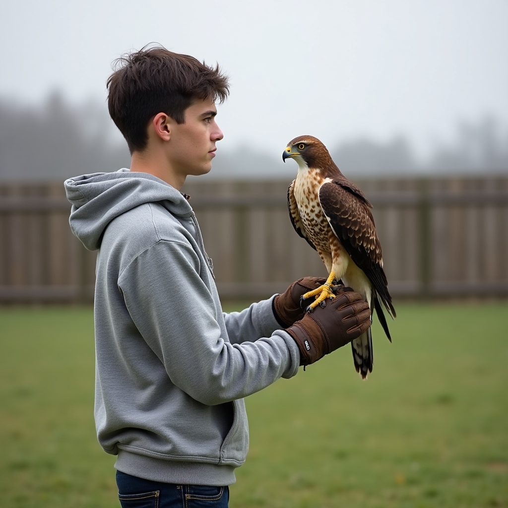 Sesión de manning con Harris Hawk en terreno abierto durante el segundo mes del curso