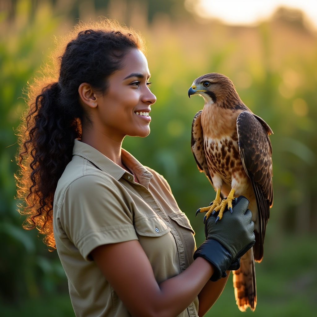 Alumna sosteniendo un Harris Hawk sobre el guante con expresión concentrada